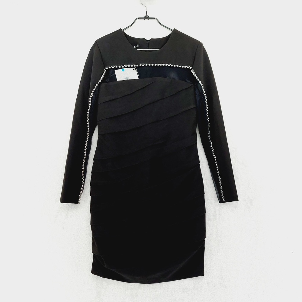 NEW AnnaRita N Black Embellished Long Sleeve Pleated Bodycon Dress P2690
